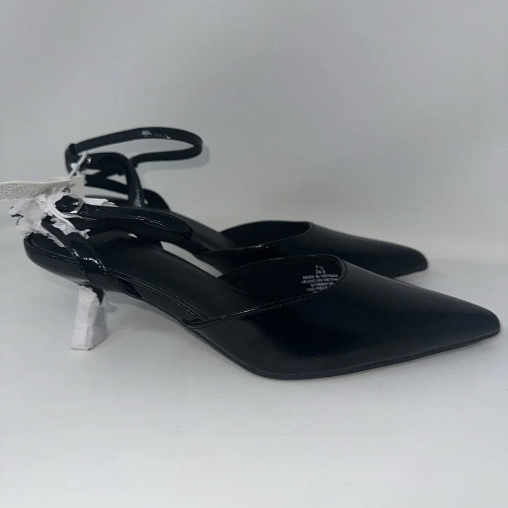 New Black‎ Patent Leather Pointed Ankle Strap Kitten Heels Pumps Size 7 1/2